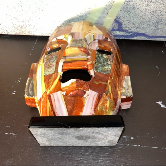 Mayan Aztec Death Mask Inca Burial Mask Tribal Mosaic Abalone Smooth 7” brown - Picture 4 of 5